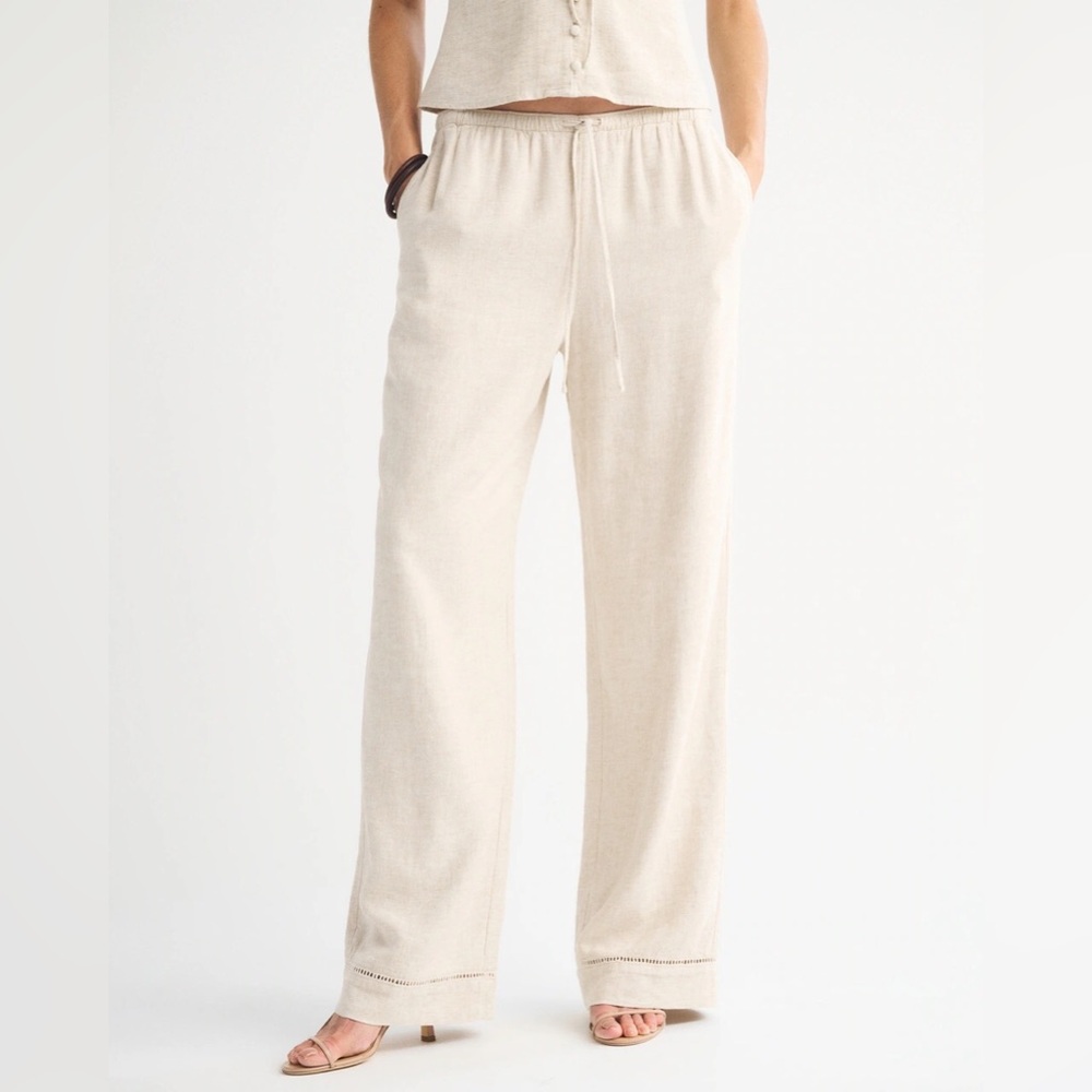 NWT A&F Gemma Linen-Blend Wide Leg Pull-On Pant Cream Wide-Leg Drawstring Pants